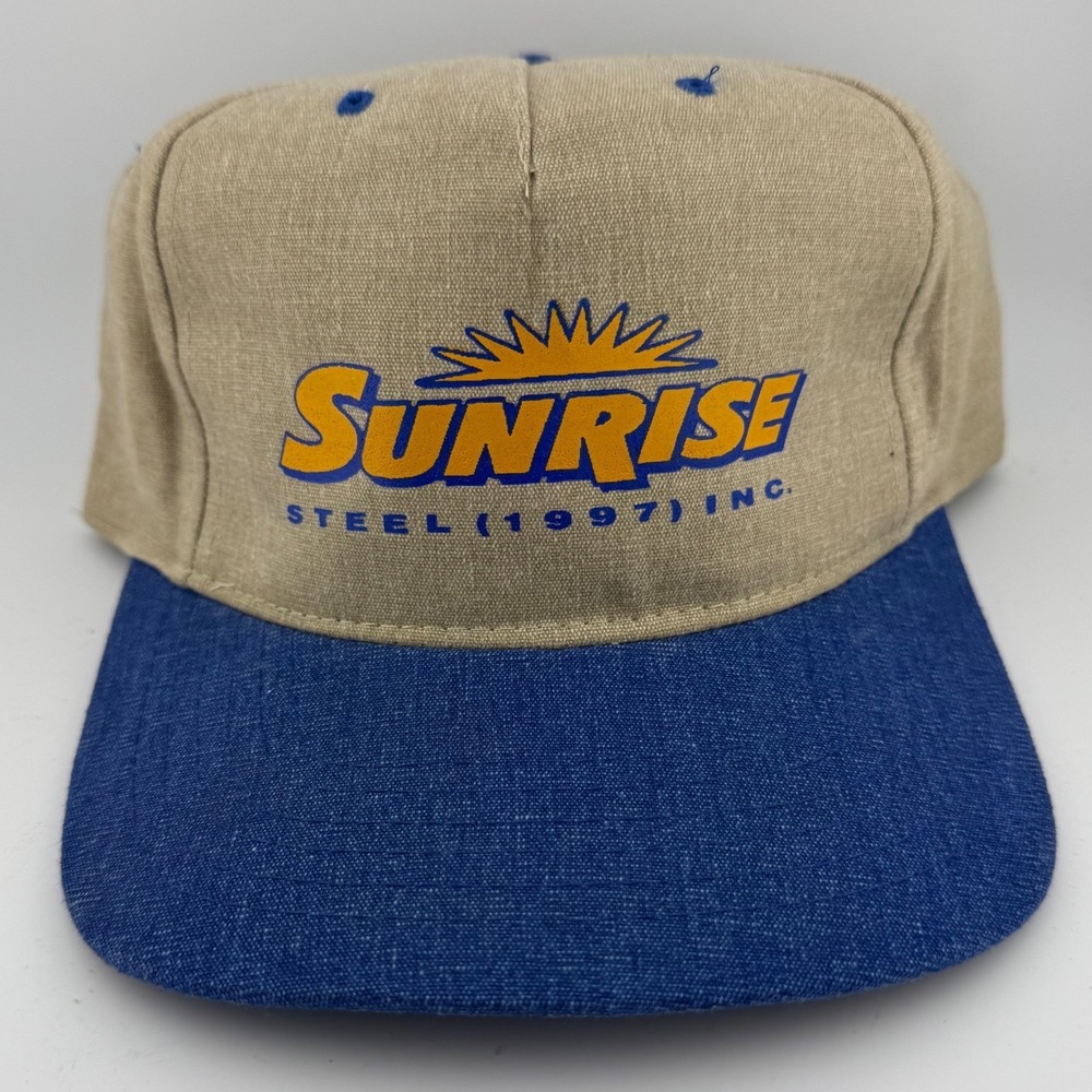 AJM Headwear Sunrise Steel Cap Adjustable Tan Blue Excellent Vintage Strapback